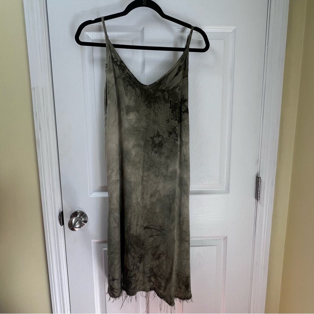 Love Tanjane Olive Green Tie Dye Silk  Slip Dress 90s Grunge Boho Indie Small